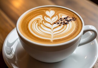 Closeup of a latte with art in a white cup on a saucer