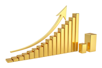 Golden growing bar graphs and arrow 3d rendering business growth