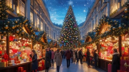 Fototapeta premium Festive Christmas market in a city center at night