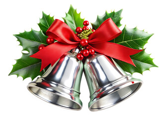 Shiny silver Christmas bells with red ribbon isolated on a transparent background