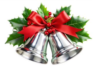 Shiny silver Christmas bells with red ribbon isolated on a transparent background
