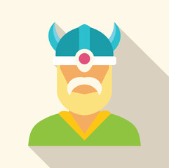 Portrait of a viking warrior wearing a horned helmet and sporting a long mustache and beard, created in a flat design style