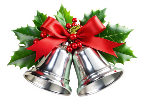 Shiny silver Christmas bells with red ribbon isolated on a transparent background