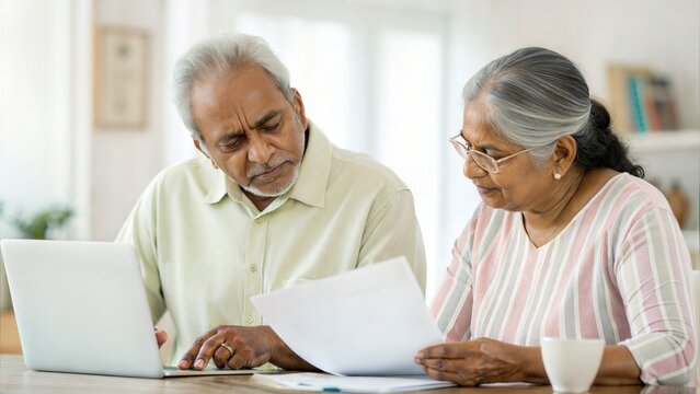 Senior Indian couple reviewing bills at home table — managing family budget with care