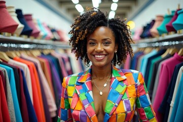 Smiling Woman in Colorful Ribbon Suit Shopping for Clothes in Store