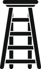 Simple black vector icon of a tall wooden step stool, featuring four steps and a round top, perfect for kitchen or household tasks
