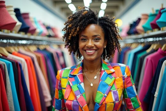 Smiling Woman in Colorful Ribbon Suit Shopping for Clothes in Store