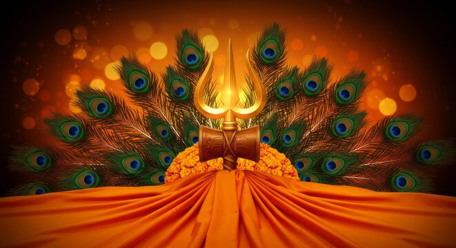 Datta Jayanti, trishul, peacock feather, saffron cloth, glowing background
