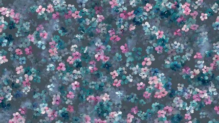 Obraz premium Vibrant blue and pink floral pattern on gray background. Artificial intelligence image