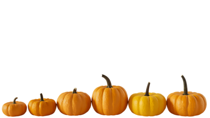 A row of five small to medium sized orange pumpkins of varying shapes and sizes arranged in a line isolated on transparent background