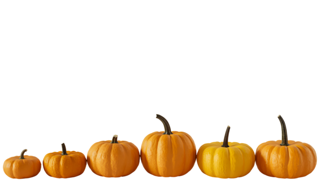 A row of five small to medium sized orange pumpkins of varying shapes and sizes arranged in a line isolated on transparent background