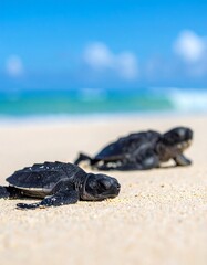 Two baby sea turtles on sandy beach