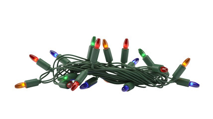 Cluster of colorful christmas lights with green wire tangled together and illuminated on a transparent background isolated on transparent background