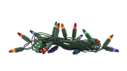 Cluster of colorful christmas lights with green wire tangled together and illuminated on a transparent background isolated on transparent background