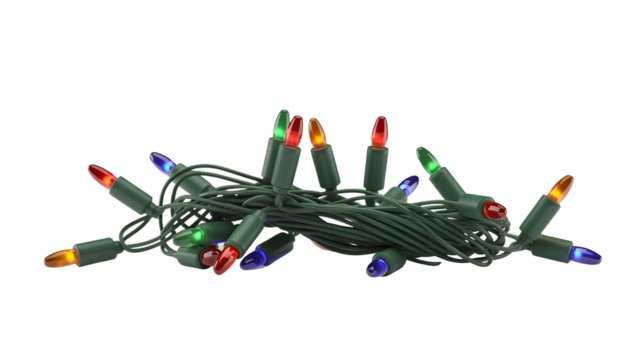 Cluster of colorful christmas lights with green wire tangled together and illuminated on a transparent background isolated on transparent background