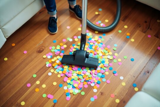 Overhead View of Cleaning Up Colorful Confetti on a Hardwood Floor After a Party