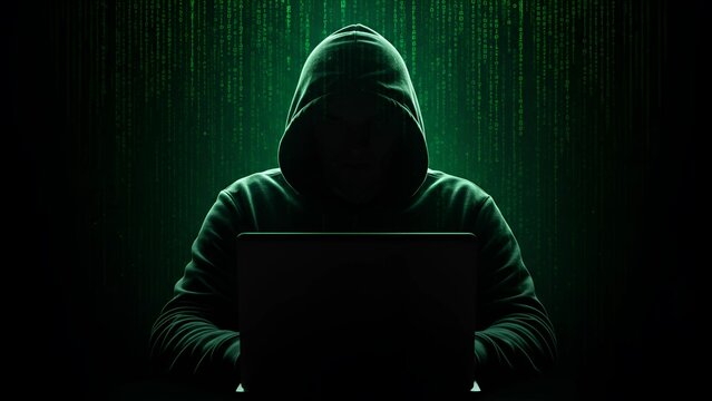 Cybersecurity Threat: Hooded Hacker with Laptop