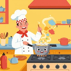 Joyful cartoon chef stirring a happy, anthropomorphic pot on a stove in a colorful kitchen.