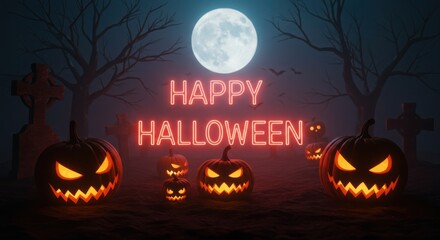 A stylish "Happy Halloween" sign with a pink and red neon glow, surrounded by a few jack-o'-lanterns in a misty atmosphere.