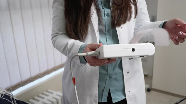 Female doctor examining electrocardiogram paper result in hospital, performing medical activity using portable medical device for electrocardiogram test