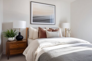 Minimalist bedroom featuring white walls, linen bedding, and a solitary artwork above the bed