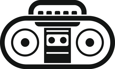 Black and white illustration of a retro boombox playing a cassette tape, featuring a handle and two speakers