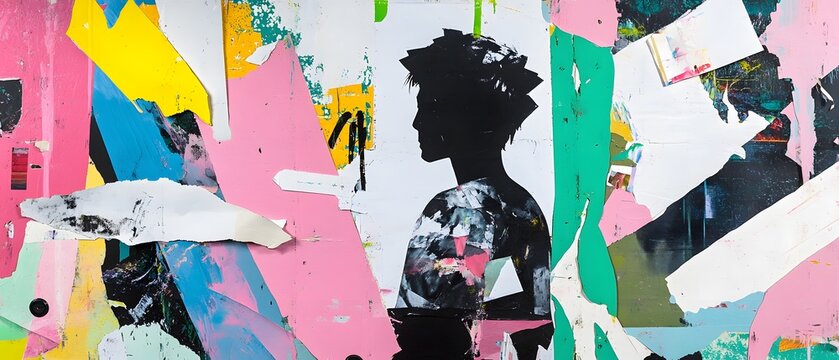 Colorful abstract collage with female silhouette in vibrant mixed media art