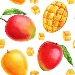 Ripe mango fruits with sliced cubes tropical watercolor seamless pattern fresh exotic summer fruit design