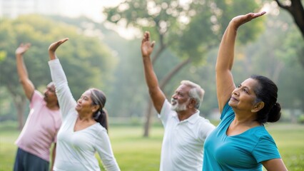 Mature Indian group stretching together in park — promoting healthy lifestyle and wellness