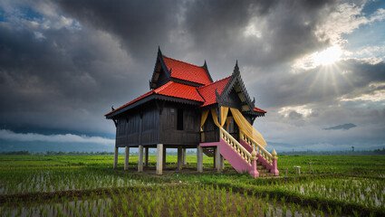 AI Generated: Traditional Malay Wooden House
A hyper-realistic cinematic wide shot of a majestic traditional Malay wooden stilt house with multiple gabled roofs. The house stands elevated on tall stil