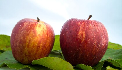 Two ripe, red apples rest on lush green leaves