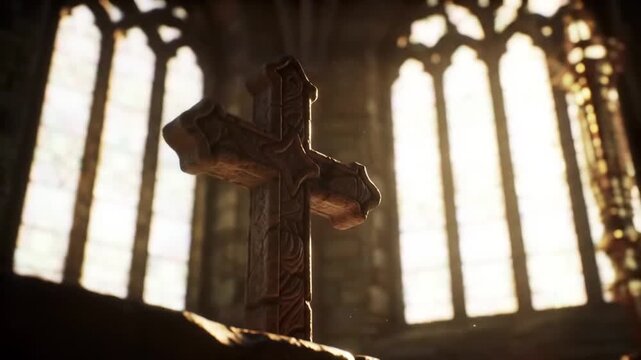 Ornate Stone Cross in Ancient Cathedral with Dramatic Sunlight Streaming Through Windows