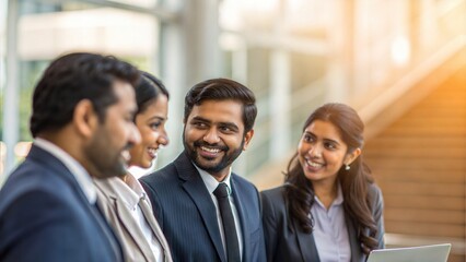 Obraz premium Group of Indian professionals chatting in office lobby — teamwork and corporate success