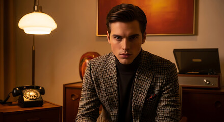 Handsome Man in Vintage Jacket and Turtleneck Posed in Retro Room with Old Phone and Record Player Keywords: man, handsome, male, portrait, fashion, style, vintage, retro