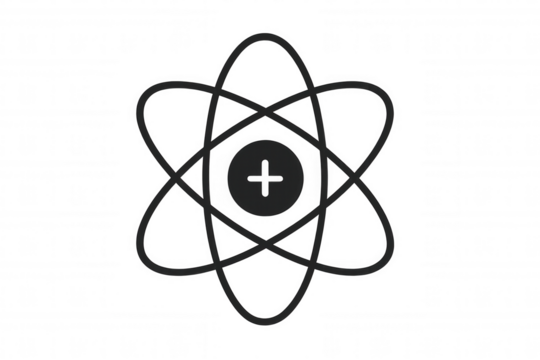 Atom icon representing science, physics, and chemistry concepts, showing electrons orbiting a proton nucleus
