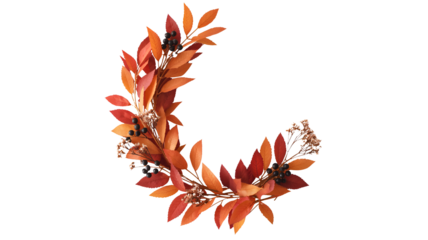 A curved arrangement of vibrant red and orange autumn leaves forming a festive garland isolated on transparent background