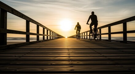 Two cyclists silhouetted against a bright sun ride along a wooden pier towards the ocean at sunset