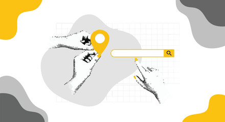 Illustration of hands interacting with a location pin and search bar, representing finding a place.