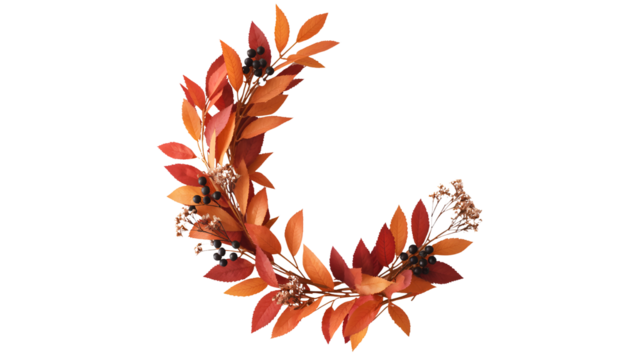 A curved arrangement of vibrant red and orange autumn leaves forming a festive garland isolated on transparent background