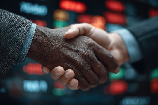 Diverse Businesspeople Handshake Against Stock Market Data