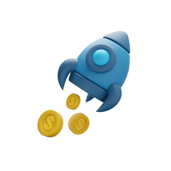 3D Rendered Creative Rocket Launching with Coin Currency Illustration