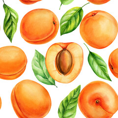 Beautiful apricots with seeds and green leaves watercolor seamless pattern fresh summer fruit healthy organic food design