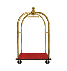 Front view empty hotel golden luggage cart and red carpet floor isolated © Supachai