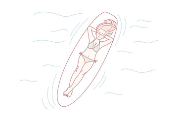 Happy woman lying on board swimming in sea on summer vacations. Smiling girl enjoy summertime in swimming pool. Recreation concept. Vector illustration.