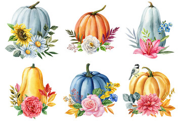 Autumn pumpkins set with roses sunflowers lilies dahlias and seasonal leaves watercolor fall harvest floral botanical illustration