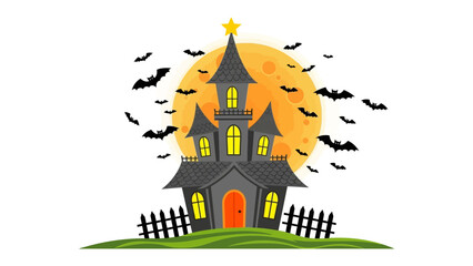 Haunted House at Halloween: A spooky haunted house with bats against a full moon, evoking the thrilling spirit of Halloween. 