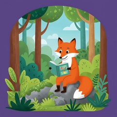 Adorable cartoon fox reading a book in a lush forest setting