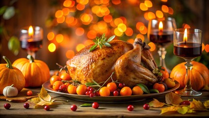 Thanksgiving turkey centerpiece with pumpkins and wine glasses on wooden table