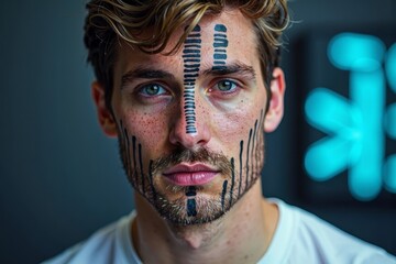 - A man receiving a facial tattoo resembling a barcode