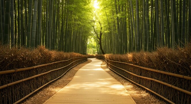 Find tranquility walking through a serene bamboo forest path illuminated by sunlight